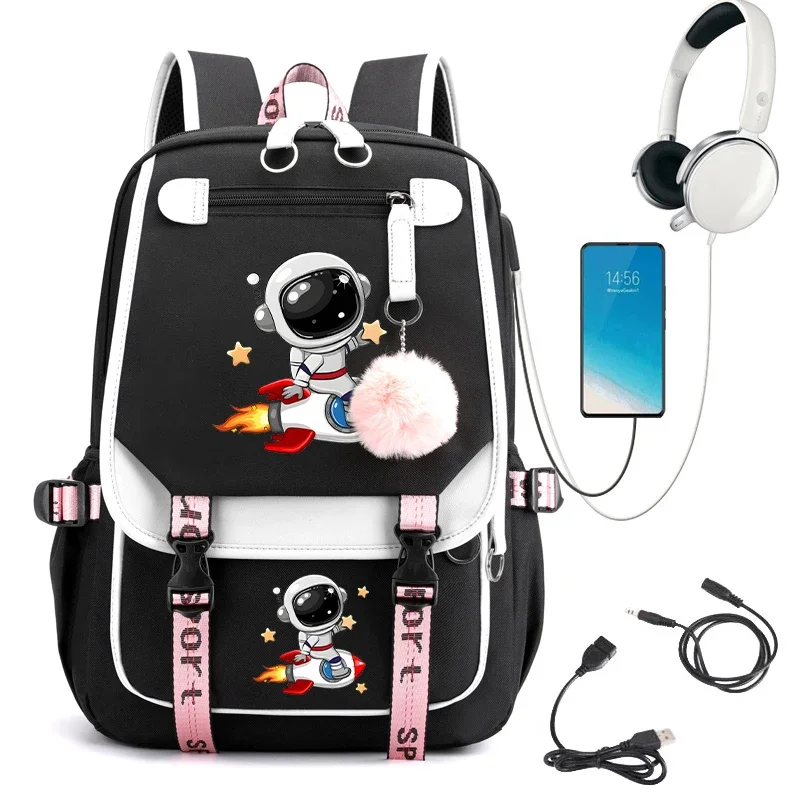 Astronaut Print Schoolbag College Students Bookbag Black Pink School Bags Usb Charging Backpacks Teenager Girls Backpack Mochila