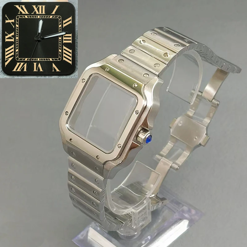 Mod NH35 Case 38mm Square Santos Steel Case Mineral Coated Glass Fits NH35 NH36 4R 7S26 Automatic Movement Replace Watch Case