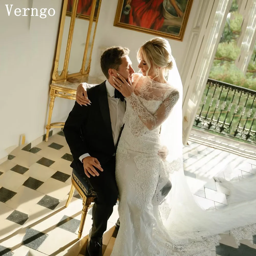 ชุดแต่งงานลูกไม้สีงาช้างเวิร์นโก้ คอสูง แขนยาว ทรงเมอร์เมด ชุดเจ้าสาวผู้หญิง สง่างาม พร้อมชายกระโปรงยาว สามารถสั่งตัดได้