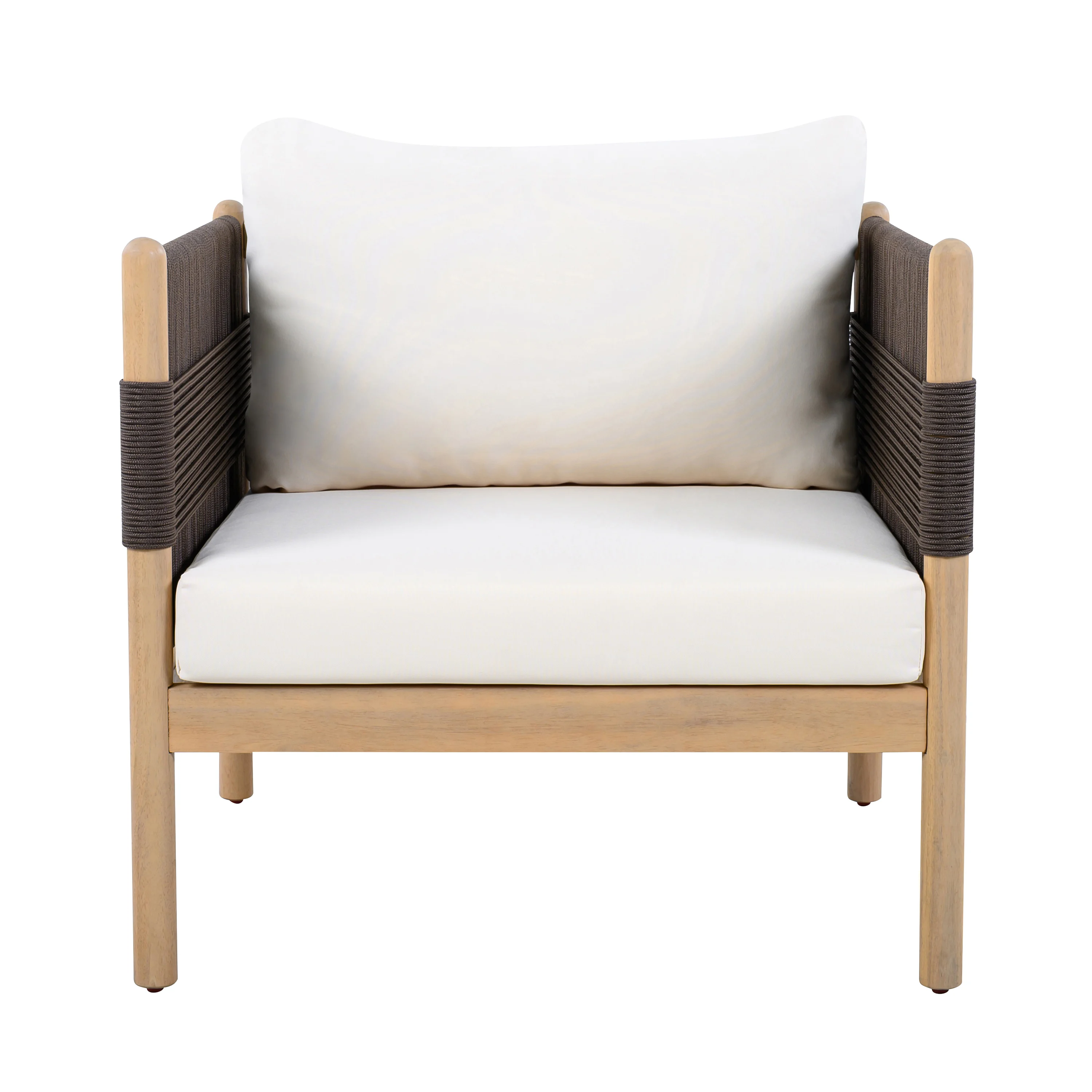 Outdoor Solid Acacia Wood Club Chair with Diamond Rope Weave, Cream Weather-Resistant Cushions, Hand-Wrapped Black Rope, Patio Lounge Chair