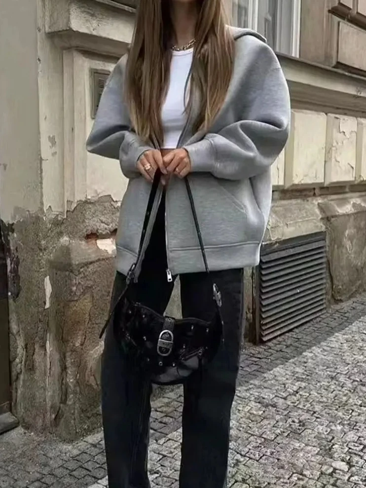 

Winter New Women's Hooded Jacket, Zipper Front Coat with Double Pockets, Oversized Loose Sweatshirt Style High Street Casual