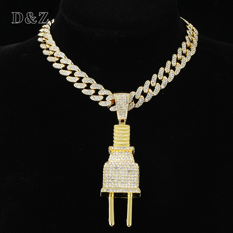 

D&Z New PLUG Pendant Necklace With 13mm Rhinestones Cuban Chain HipHop Iced Out Bling Necklaces Fashion Jewelry For Man Gift