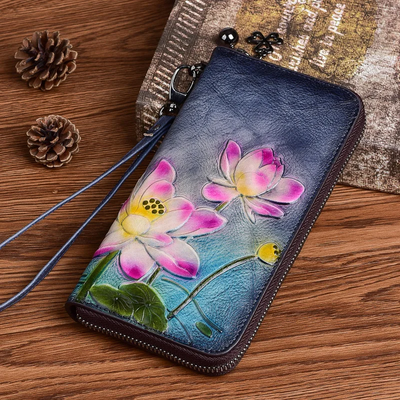 Portafogli lunghi Vintage per donna borse per telefono in vera pelle borsa da donna con goffratura a motivo floreale di loto
