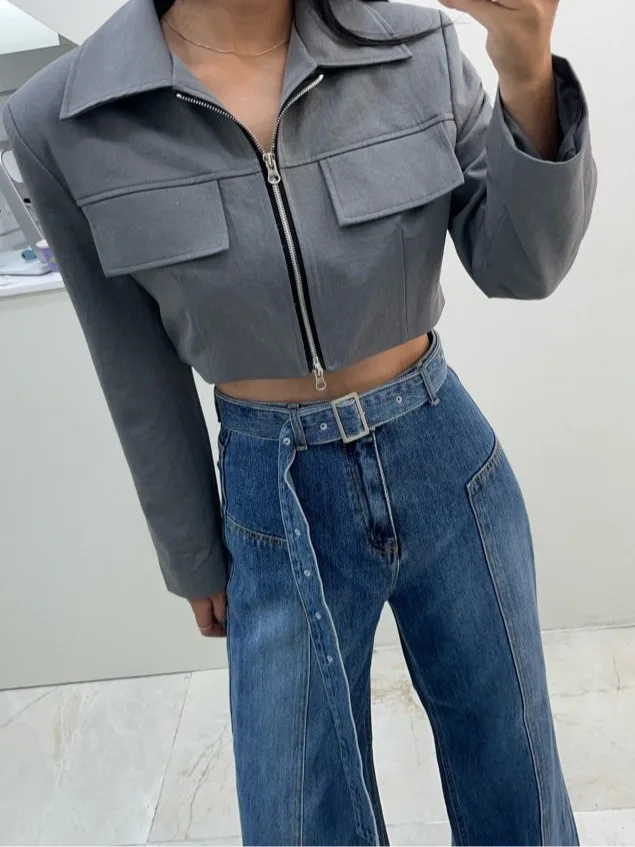 

ort Tailored Jaet Zipper ket Design Turn-down Collar Casual Women's Faion Spring Summer Autumn Collar Long Sve