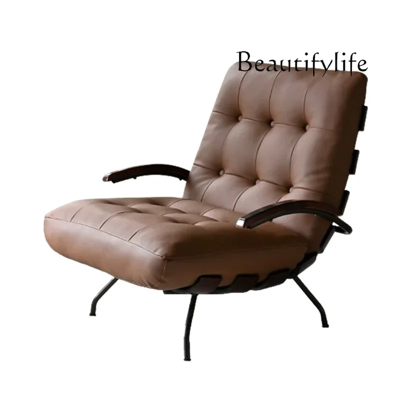 Italian minimalist single sofa chair antique leather home leisure designer creative solid wood recliner