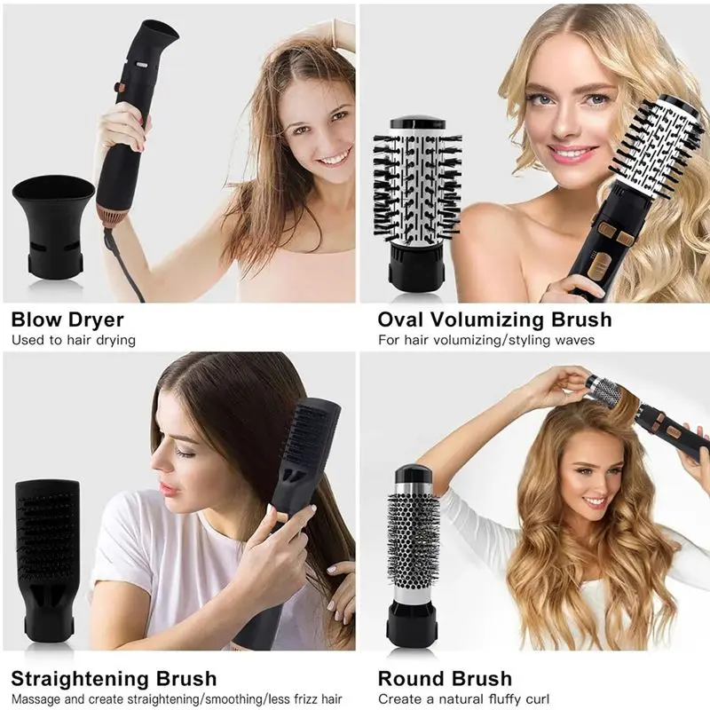 A84G-Electric Hair Dryer 4-Head Hot Air Brush Strong Wind Straightener Curler Roller Comb Blower Styling Tool For Women
