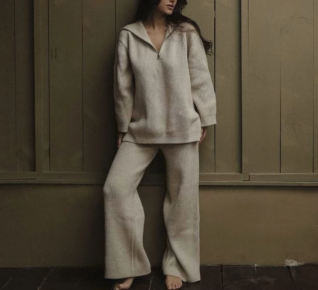 

Autumn Winter Knitted Set Women's Loose Lazy Sle Overhead Zipper Sweater High Waist Wide Leg Pants Faionable Ensemble