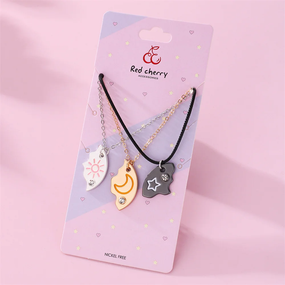 3 Pcs/set Sun Moon Star Pendant Necklace For Women Best Friend Forever Friendship BFF Necklace Adjustable Geometric Jewelry Gift