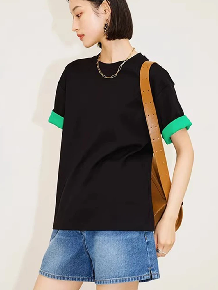 เสื้อยืดทรงสลิมฟิต คอกลม ดีไซน์ลายปะติด ผ้าฝ้ายแท้ เสื้อยืดเรียบง่าย สไตล์เกาหลี ใส่สบายในฤดูร้อน