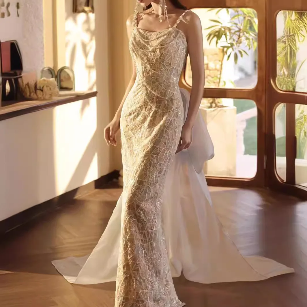 

Exquisite Luxury Lady Evening Party Dress Feathers Beads Sequins Mermaid Maxi Dress Sexy Strapless Formal Party Dress Qipao