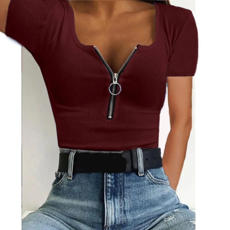 Spring and Summer Women's Fashion Casual Threaded Zipper Embellished Short Sleeve T-shirt Tops