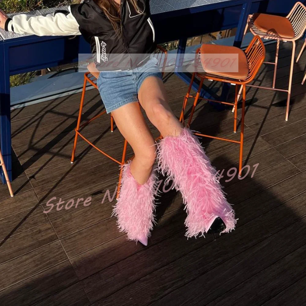 Pink Fluffy Furry Knee Length Boots Female Sweet Pointy Toe Fur Winter Thin High Heels Boots Women Party Fashion Elegant Shoes