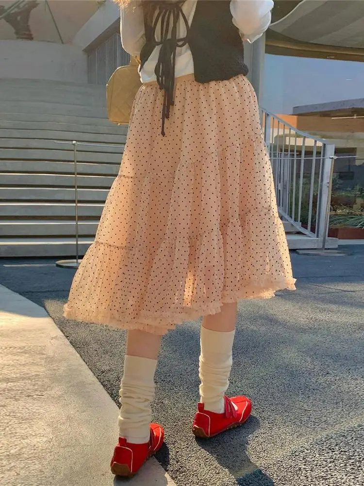 High Waist A-Line Midi Skirt Women's Spring Autumn Polka Dot Tulle Half Skirt Irregular Wood Grain  Slimming Cake Skirt