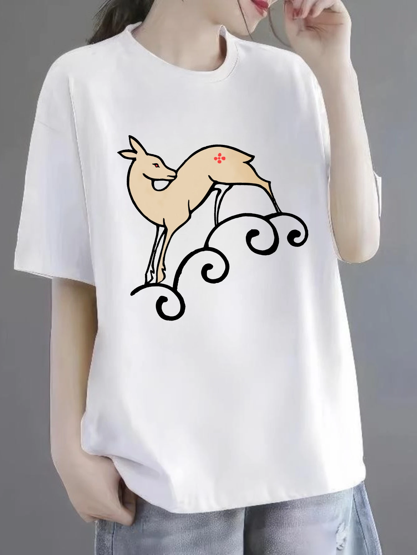 

Women's T-shirts Chinese style 90s vintage clothes Casual t shirt for women Casual 100% cotton Deer With Swirls Design printe