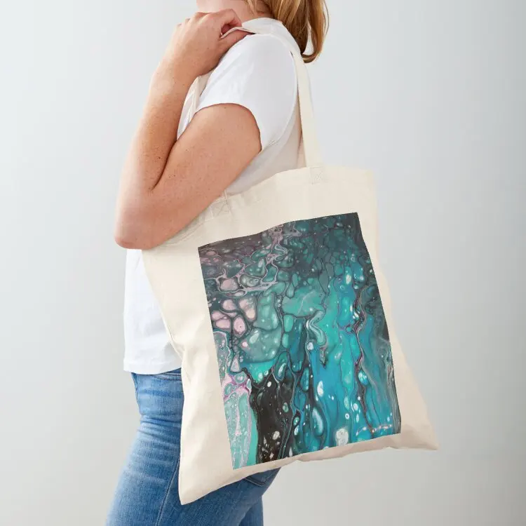 

Aqua, teal, silver, purple, and white on black background Tote Bag Big bag women shopping bags foldable Shopper