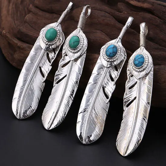 

S925 Sterling Silver Jewelry Fashion High Bridge Necklace Turquoise Plain Silver Feather Men's and Women's Pendant Sweater Chain