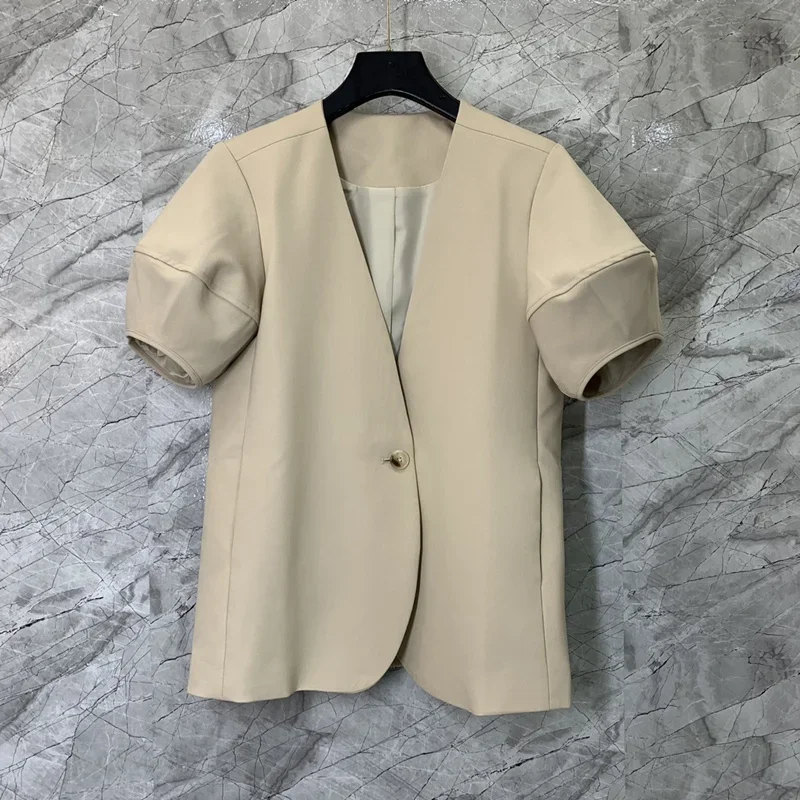 Korean Fashion Blazer Women Short Sleeve Jacket V-neck Summer Chic Office Ladies Tops Y2k Clothes Solid Coats