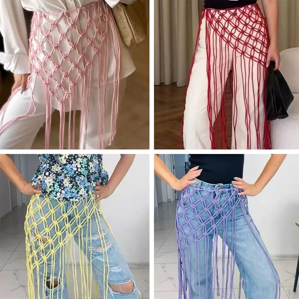 Bohemian Netted Fringe Waistband Decorative Tassel Ethnic Design Waist Wrap Handwoven Bikini Cover Up Women's Waist Accessory