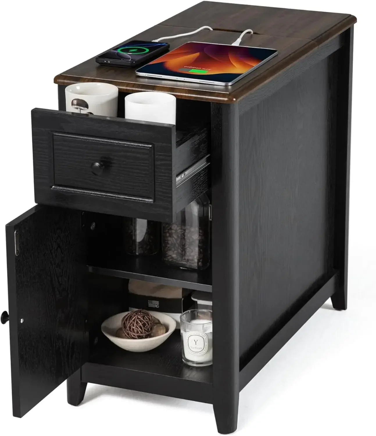 Farmhouse End Table with Charging Station, USB-C, Narrow Side Table with Storage Cabinet and Deep Drawer, Small Nightstand with