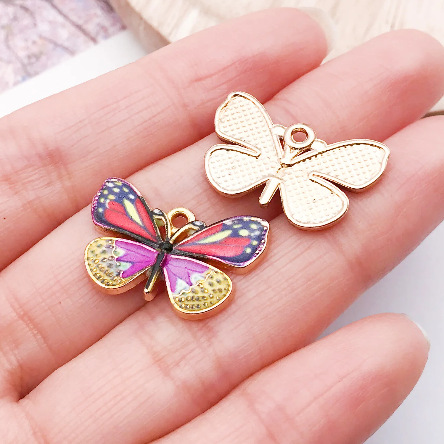 80pcs/lot Jewelry Accessory Alloy Oil-drop Colorful Printing Butterflies Shaped Gold Edge Pendant For Charms Earrings Bracelet