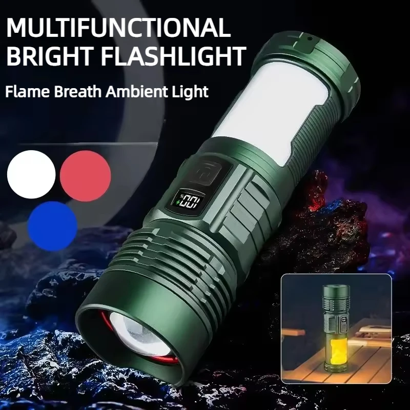 Four Light Source Flashlight Rechargeable Outdoor Emergency Lamp Flame Ambient Light 8 Modes Camping Fishing Focus Searchlight