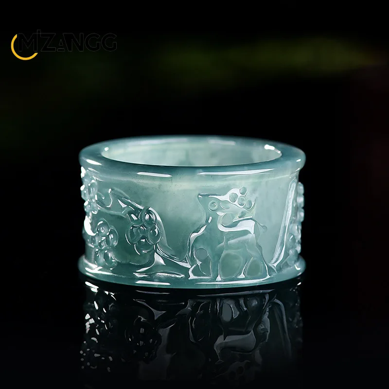 Natural Jadeite Fulu Ring Exquisite Fashionable and Personalized Ice Type Jade Ring for Men and Women, Holiday Gift for Couples