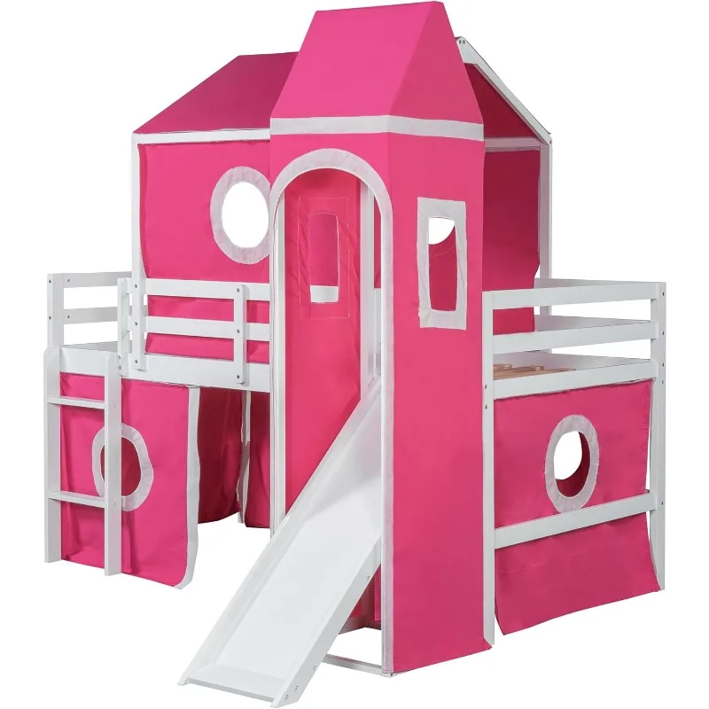 Twin-Size Kids Loft Bed with Slide, Pink Tent & Tower, Toddler Playhouse, Wooden Loft Bed with Guardrail, Fun Under-Bed P