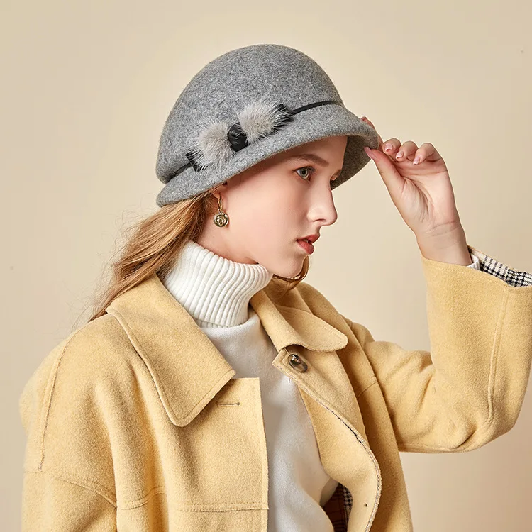 X4117  Adult Woolen Basin Cap Female Joker Bowler Hat Ladies England Belt Wool Felt Hat Fisherman Hat  Fedora Hat Fascinators