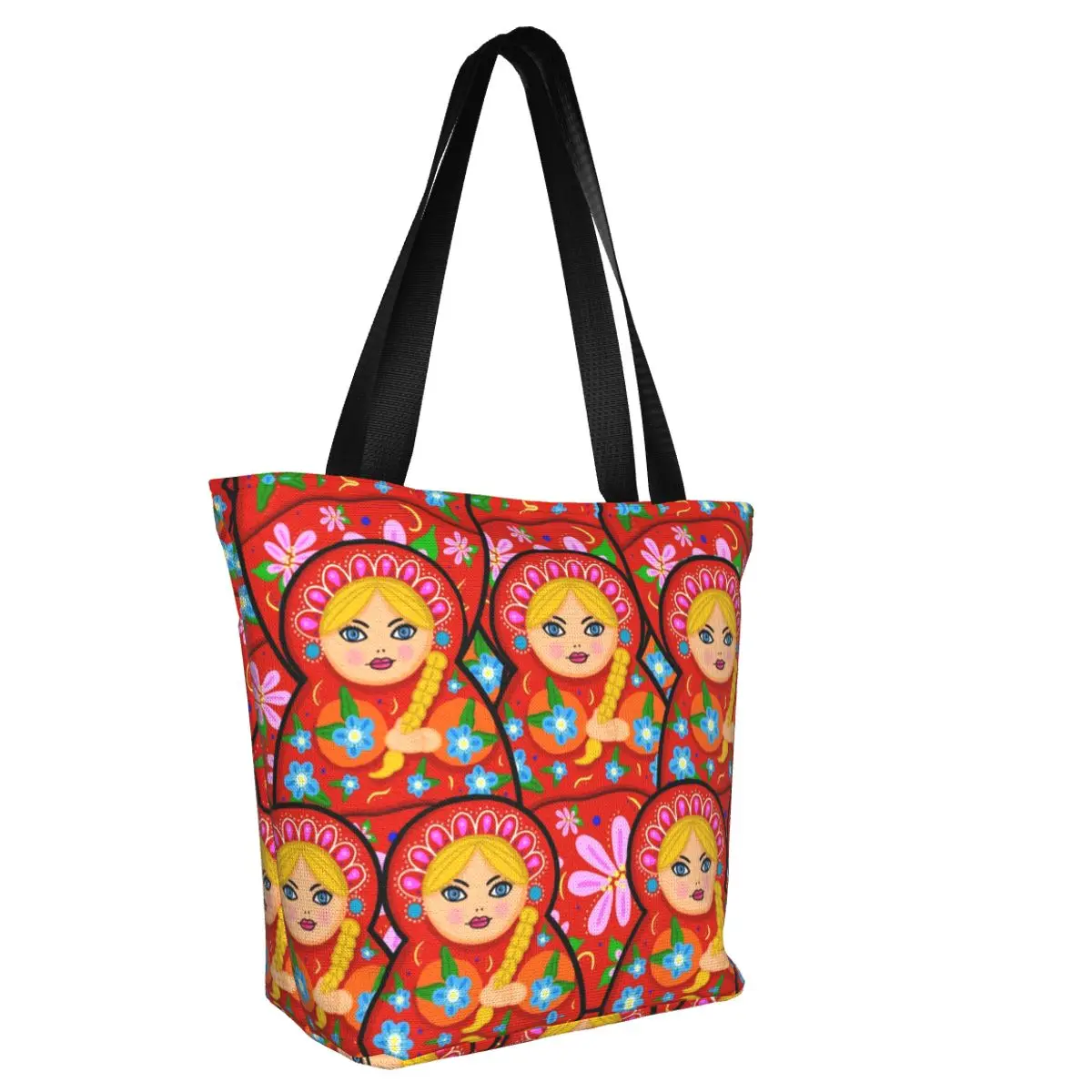 Cute Russian Doll Matryoshka Shopping Tote Bag Recycling Russia Folk Art Babushka Pattern Canvas Groceries Shopper Shoulder Bag