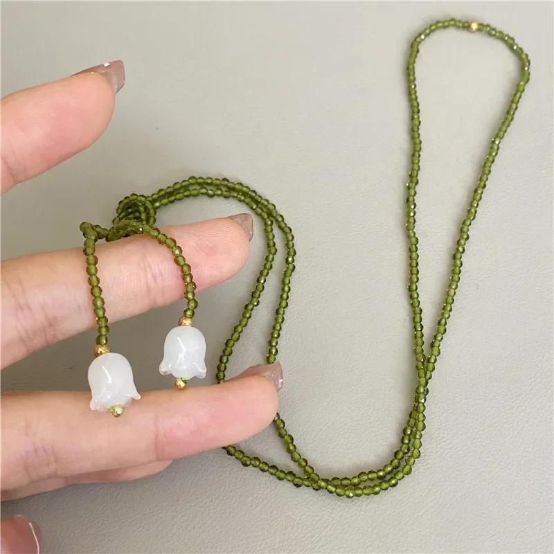 Vintage Olive Crystal Beads White Lily of The Valley Double Layer Wrapped Necklaces for Women Various Wearing Methods Pendant
