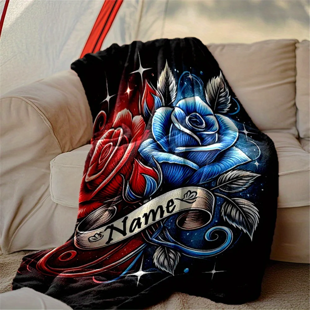 Custom name red and blue rose flannel blanket, soft blanket, suitable for sofa, bed, birthday, children, friends, gifts