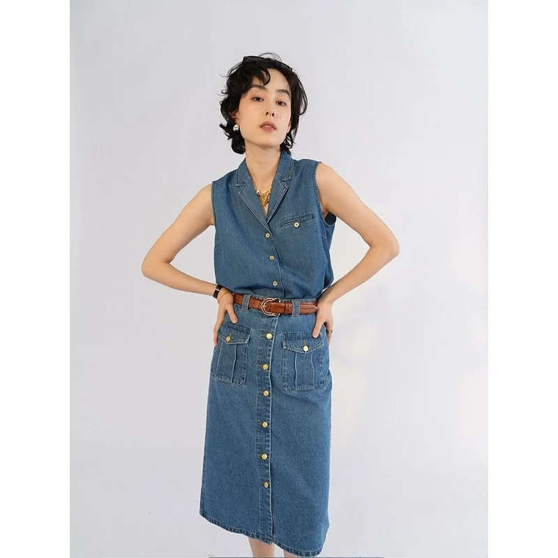 Hikigawa Chic Fashion Women Denim Jackets Summer Slim Streetwear Y2k Sleeveless Turn Down Collar All Match Tops Vest Ropa Mujer