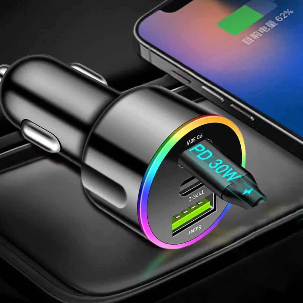 Auto-Ladegerät 60W PD30W [USB-A+C+C] C186 Neues RGB Sieben-Farben-Ambientelicht für schnelles Aufladen von Telefonen, Zigarettenanzünder-Adapter