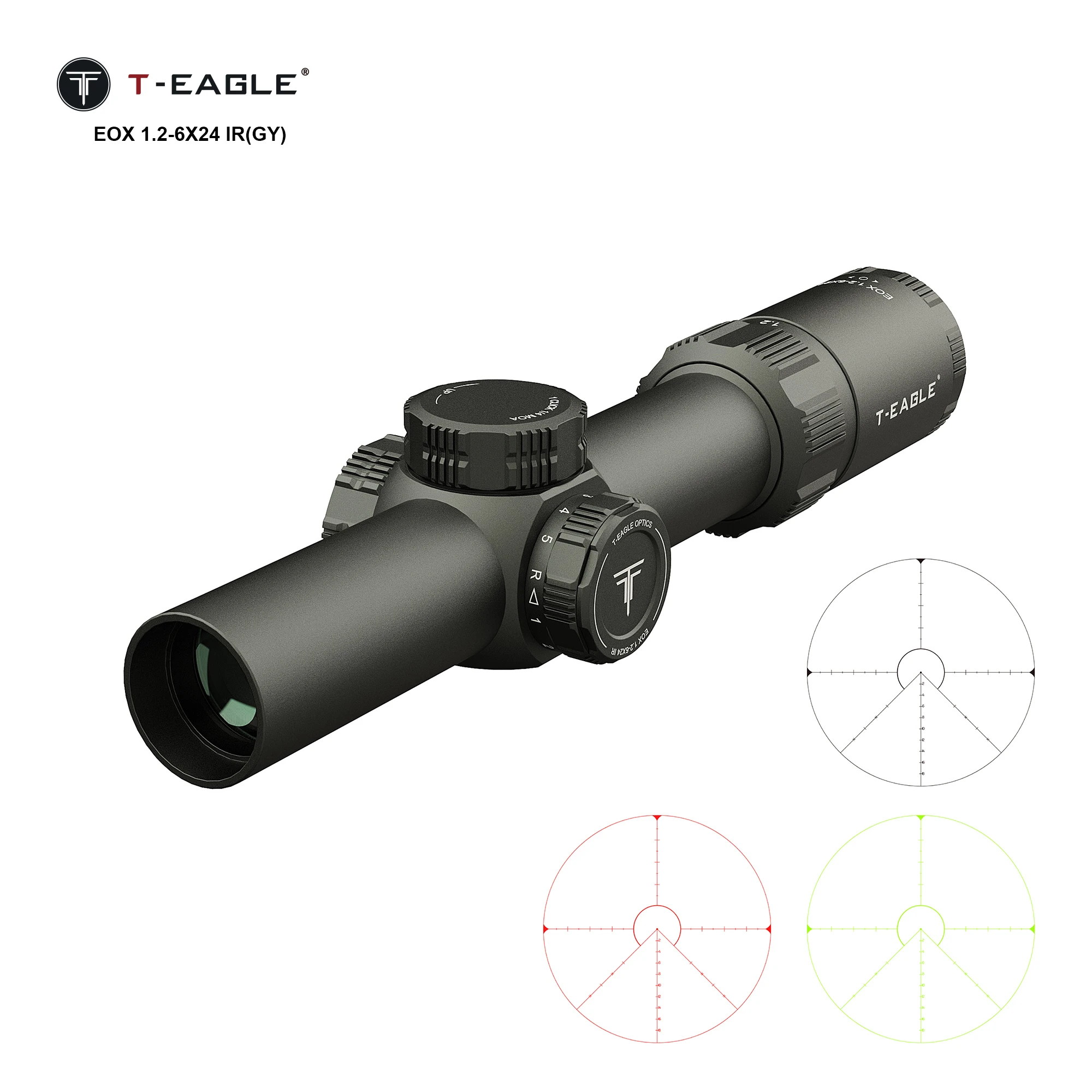 T-EAGLE EOX1.2-6X24IR(GY) Tactical Scope with Light Tube Diameter 30mm Illuminator Red/Green Click Value 1/4MOA Side Focal Plane