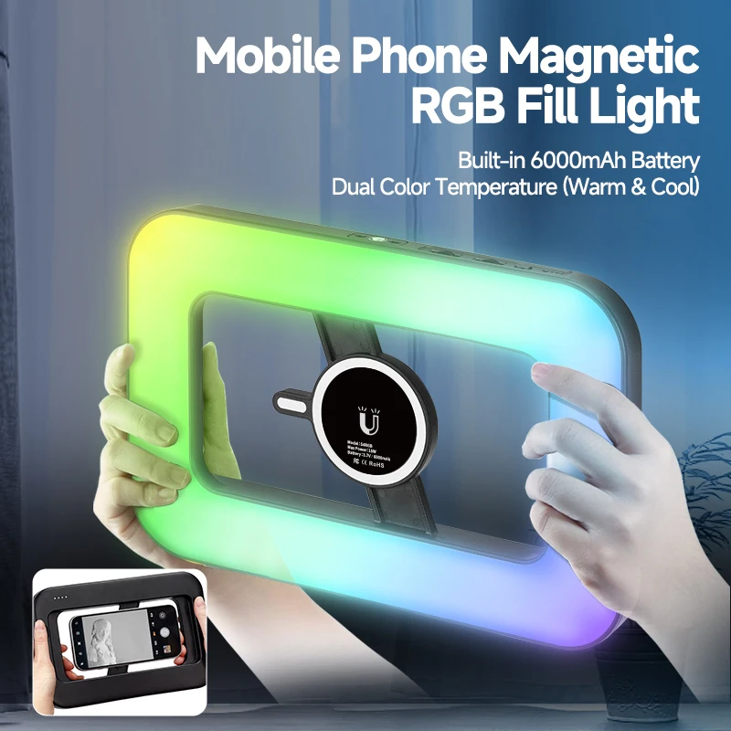 

YSKE Magnetic RGB Phone Ring Light - Multi-Angle Dimmable Fill Light for Live Streaming/Conference/Selfie/Vlog, Universal Phone
