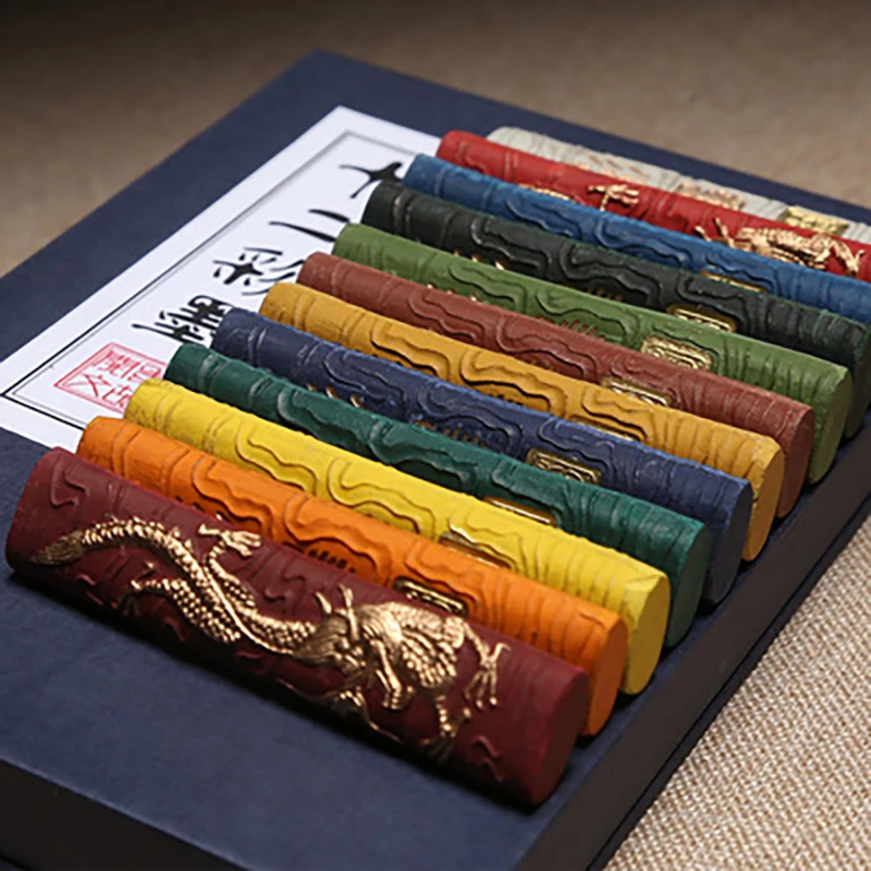 Dragon Pattern Hukaiwen Ink Block Ink Stick Set for Chinese Traditional Pigment Color Calligraphy and Painting Drawing (12 PCS)