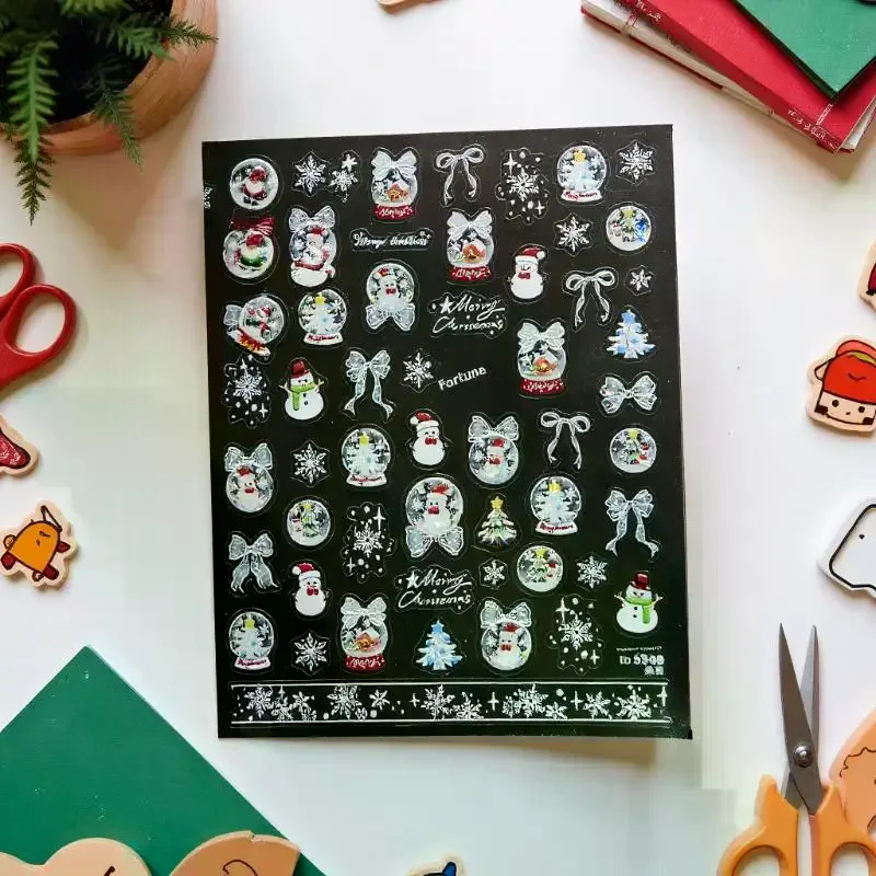 お祭りの雪だるまと白い雪の結晶玉ネイルアートステッカー