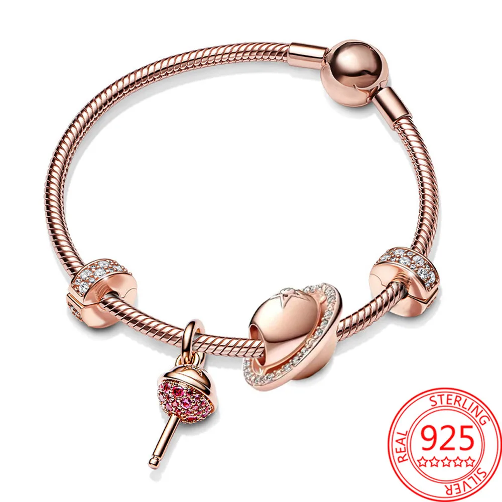 

Romantic 925 Sterling Silver Rose Gold Lollipop Dangle Charm Earth Beads Pave Gemstone Clip With Brand Snake Bracelet Women Gift