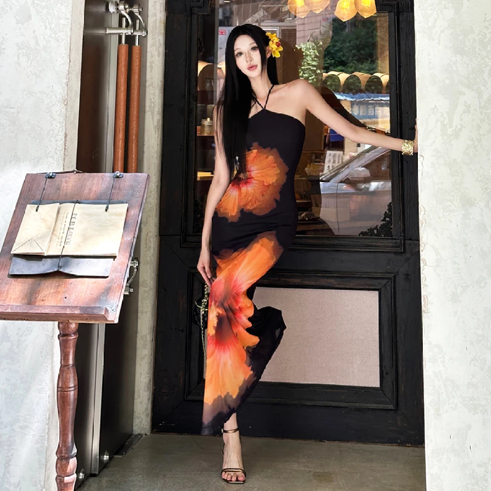 SylCue Vestidos Longos Estampado Flor Mulheres Malha Patchwork Halter Fora Do Ombro Backless Verão Férias Praia Estilo Vestidos Elegantes