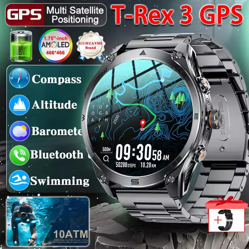 

2025НОВЫЕ военные GPS-умные часы 1,75 дюйма, AMOLED-экран, компас, барометрический высотомер, фонарик, BT Call, умные часы, 10 АТМ, водонепроницаемые