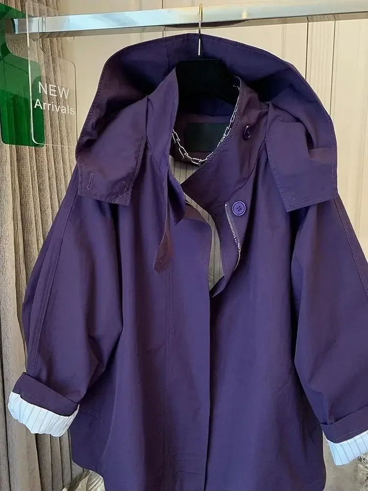 SuperAen Purple Casual Hooded Outdoor Jacket Coat 2024 Autumn New Korean Style Oversize Temperament Fashion Loose Waist Coats