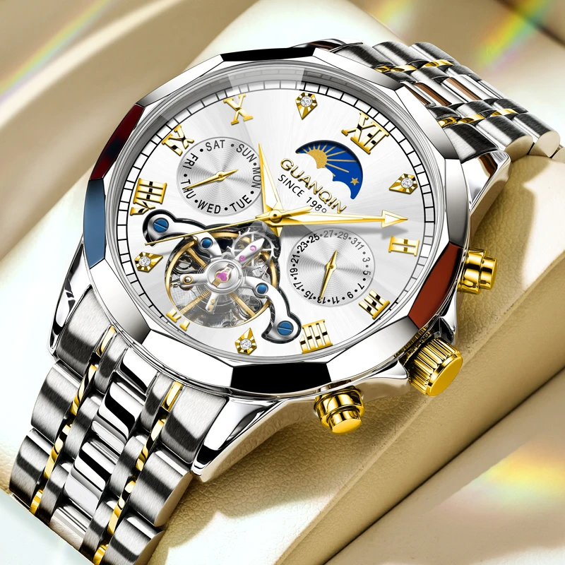 

Мужские часы GUANQIN: роскошные, модные, многофункциональные, автоматические, механические, с индикатором фаз Луны, календарем, водонепроницаемые