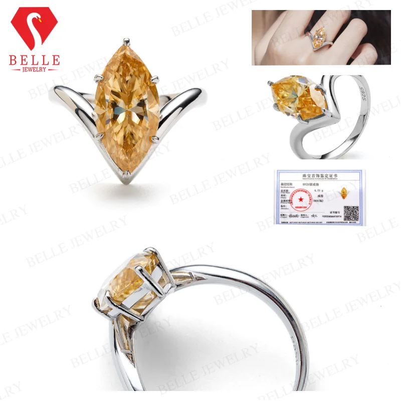 Moissanite Ring 5ct Marquise GRA Champagne VVS1 925 Sterling Silver Factory Direct Commute Wear Anniversary Party Ring for Her