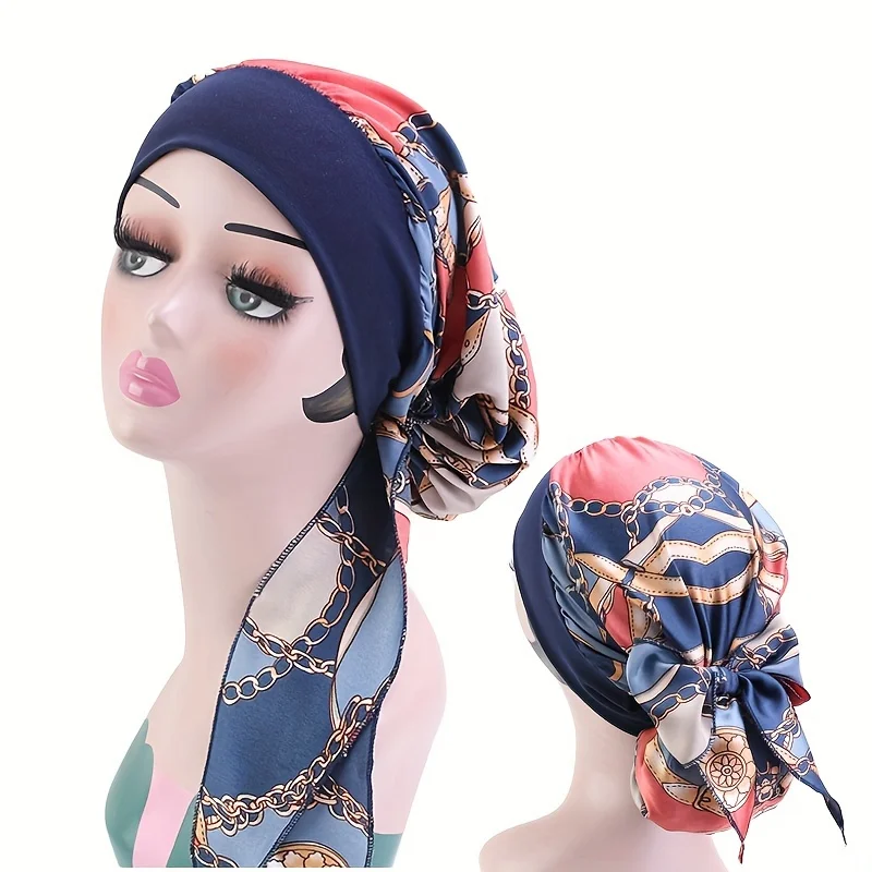 Classic Chain Printed Turban Hats Lightweight Elastic Head Wraps Breathable Chemo Cap Ramadan Headscarf For Women