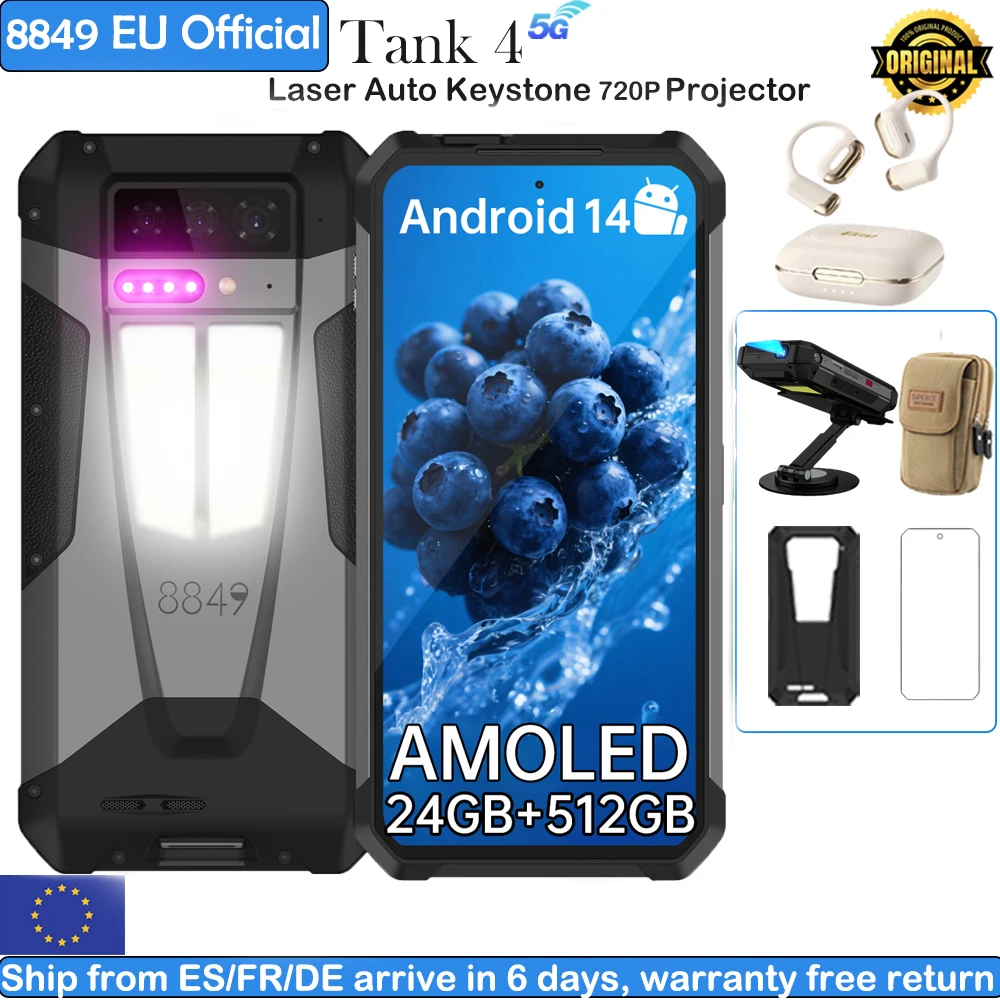 8849 Tank 4 Unihertz Projector Smartphone robuste 720P 100 Lumens 6.78'' AMOLED 512G Android14 11600mAh 5G Dimensity 7300 120Hz