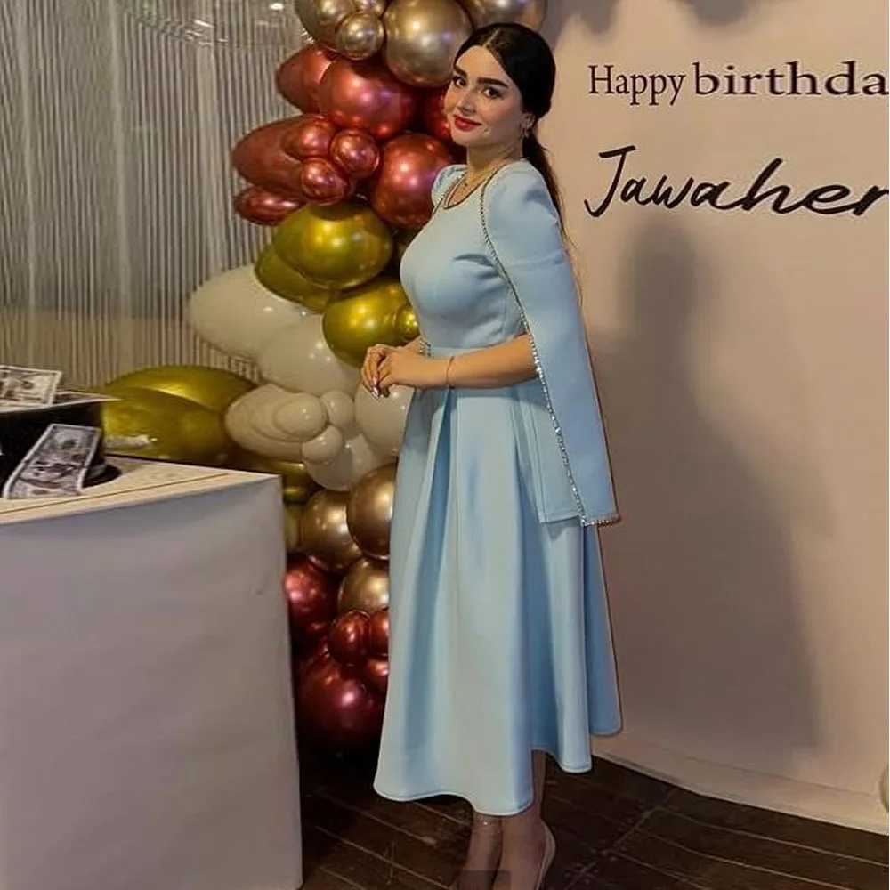 Синие платья для выпускного вечера по индивидуальному заказу, длиной до пола, с разрезом на рукавах, вечернее платье трапециевидной формы, расшитое бисером, с круглым вырезом, платье на день рождения