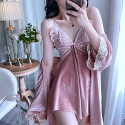 Spring Women Bathrobe Suit Velour Lace Nightgown Loungewear Female Twinset Velvet Robe Set Sleepwear Nightwear Home Dress