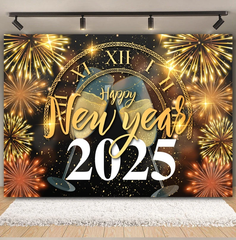 2025 Happy New Year Fireworks Photography Backdrop New Year Eve Clocks Champagne Home Party Decor Background Photo Studio Props