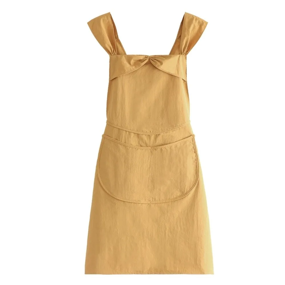 Solid Color Women Apron Large Pockets Adjustable Bow Strap Kitchen Apron Long Length Anti-Stain Anti-Stain Apron For Cooking