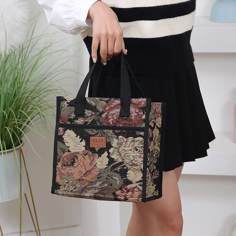 New, Thickened Knitted Jacquard Fabric, Tote Bag, Bento Bag, Aluminum Foil Insulation to Bring Lunch Box Storage Bag to Work
